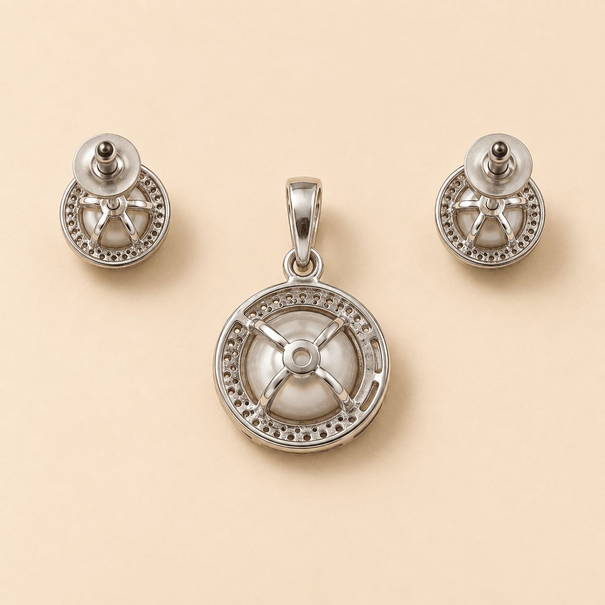 Naira Pearl Halo CZ Pendant Set - Nirvan Jewels