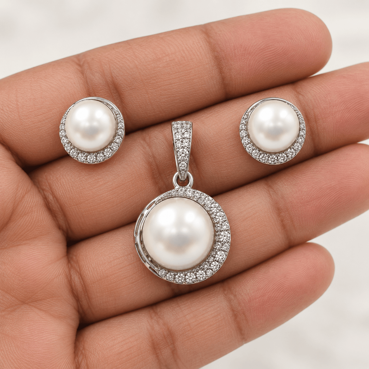 Naira Pearl Halo CZ Pendant Set - Nirvan Jewels