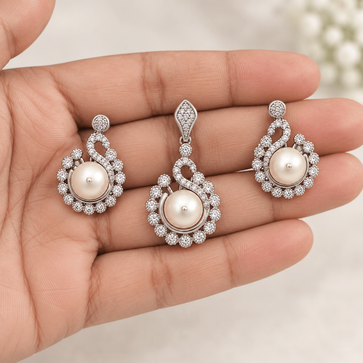 Saanvi Pearl Swirl CZ Pendant Set - Nirvan Jewels